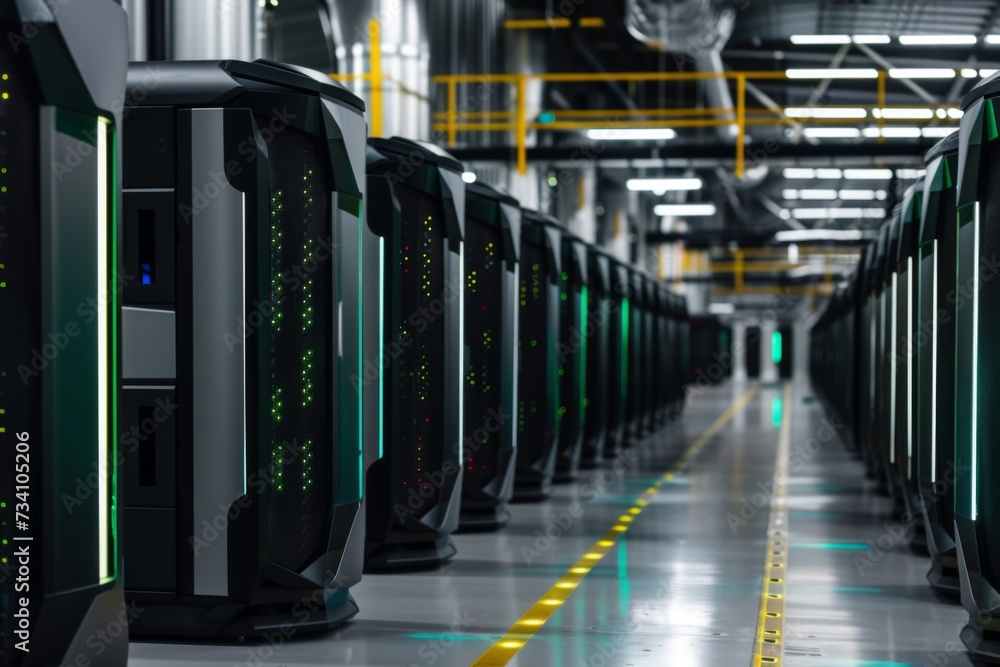 Poster modern data center with sleek servers. data security, cybersecurity, infrastructure, cloud computing