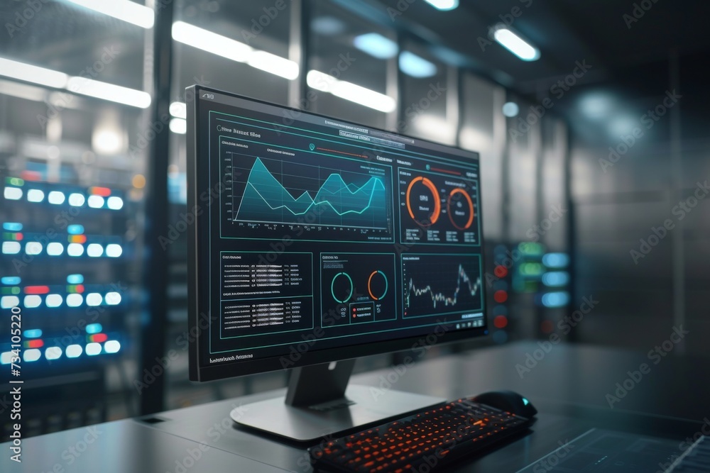 Poster Monitoring screens displaying graphs and data analytics. Data security, cybersecurity, infrastructure concept. Data analysis, web, internet. Future technology. Design for banner, poster 