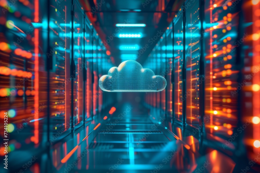 Poster data center with 3d cloud icon. data security, cybersecurity, network infrastructure concept. superc