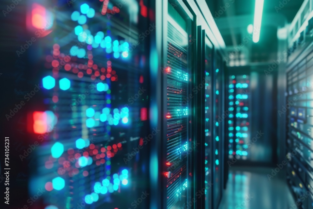 Poster server racks with blue lights. data security, cybersecurity, infrastructure concept. supercomputer, 