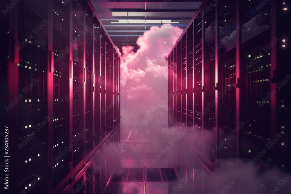 Poster data center with clouds. cloud server representation, 3d render visualization. global network, inter