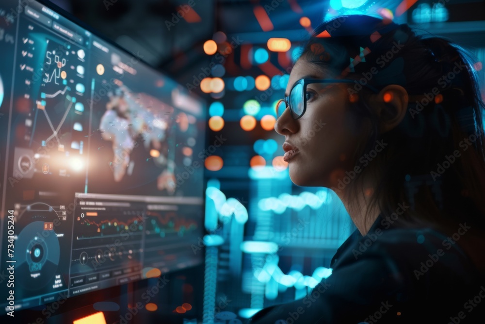 Aufkleber female analyst studying data on interactive screens. big data analytics and business intelligence co