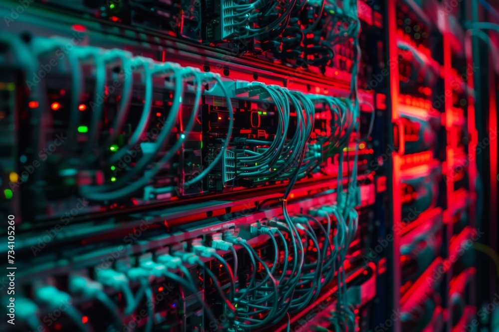 Poster network server hardware with red lights. data security, cybersecurity, internet infrastructure conce
