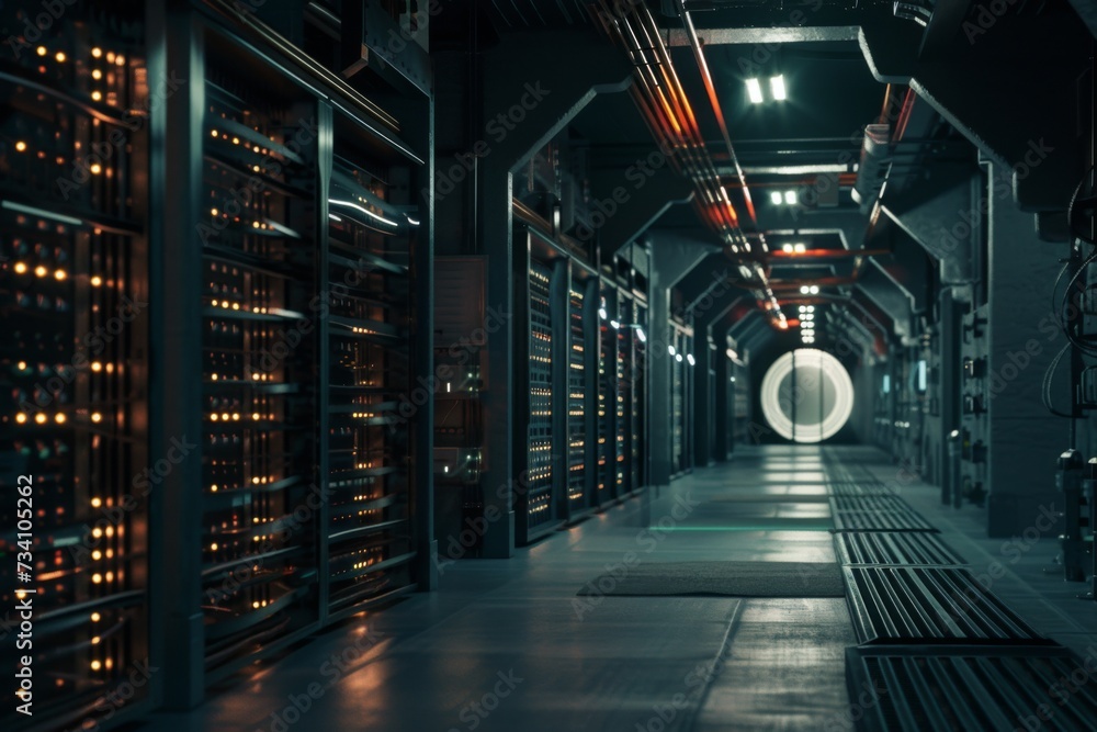 Poster futuristic data center hallway with server racks. data security, cybersecurity, infrastructure conce
