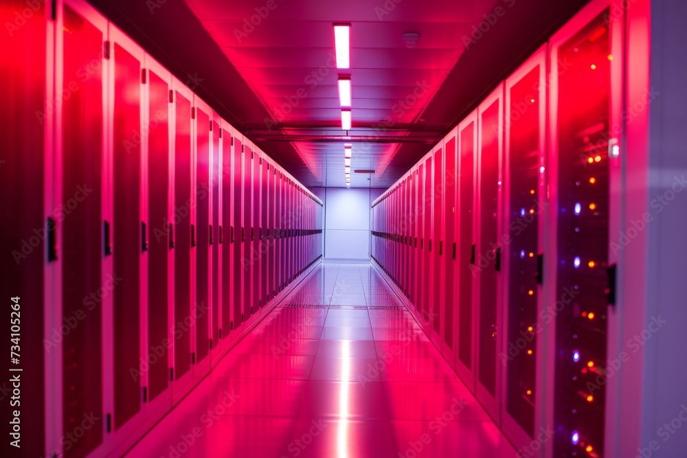 Poster server room with red lighting. data security, cybersecurity, infrastructure concept. supercomputer, 