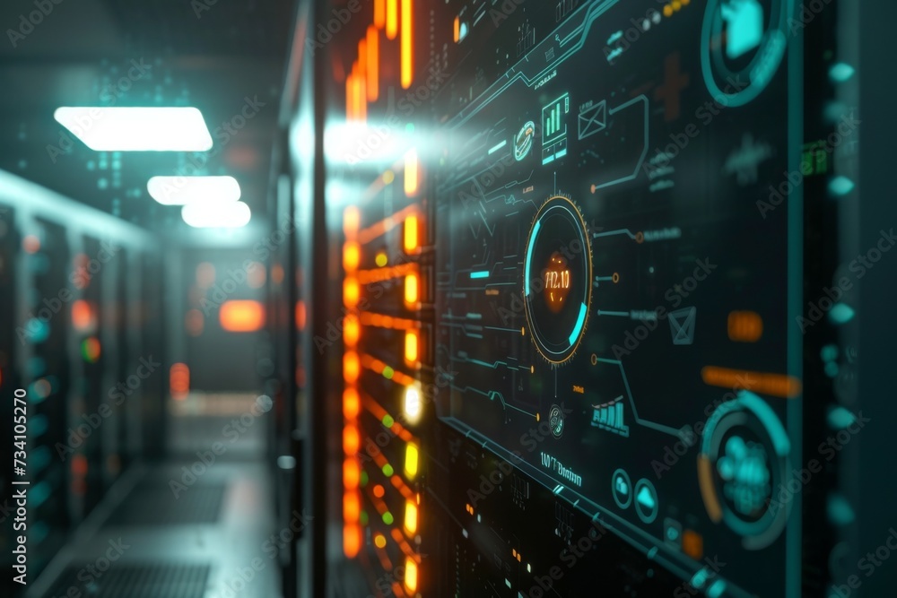 Poster control panel interface with glowing elements. data security, cybersecurity, infrastructure concept.