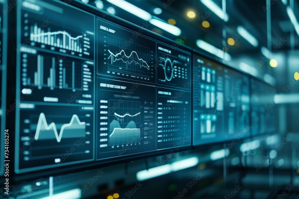 Poster Monitoring screens displaying graphs and data analytics. Data security, cybersecurity, infrastructure concept. Data analysis, web, internet. Future technology. Design for banner, poster 