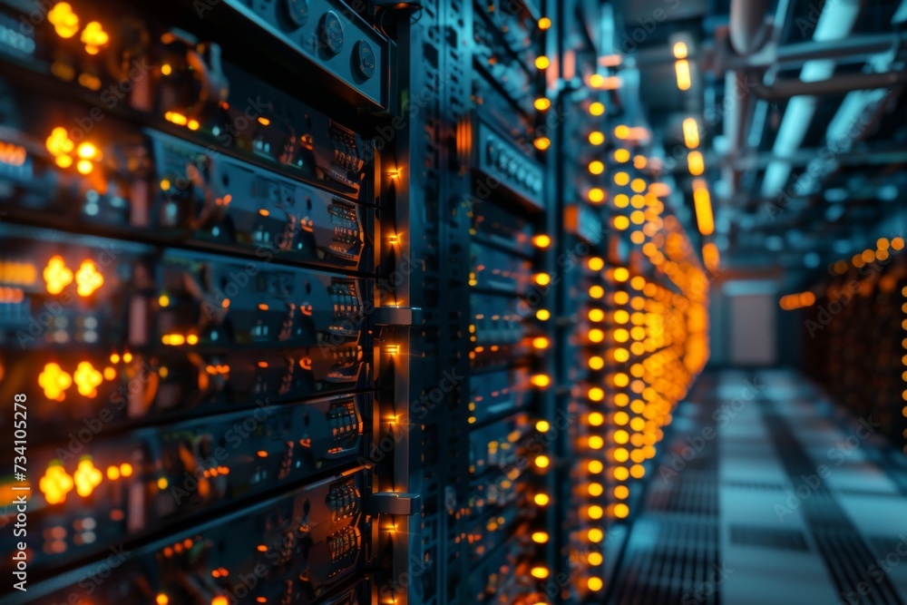 Poster data center with server racks and orange lights. data security, cybersecurity, infrastructure concep