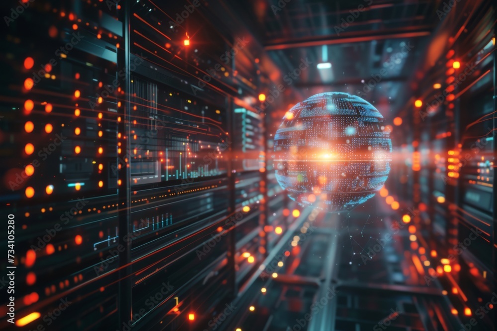 Poster holographic globe in a data center. data security, cybersecurity, infrastructure. global network, in