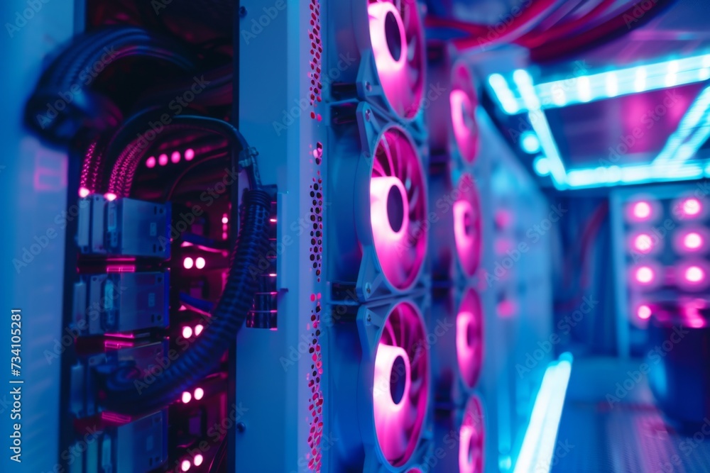 Poster computer server with graphics cards. data security, cybersecurity, infrastructure concept. supercomp