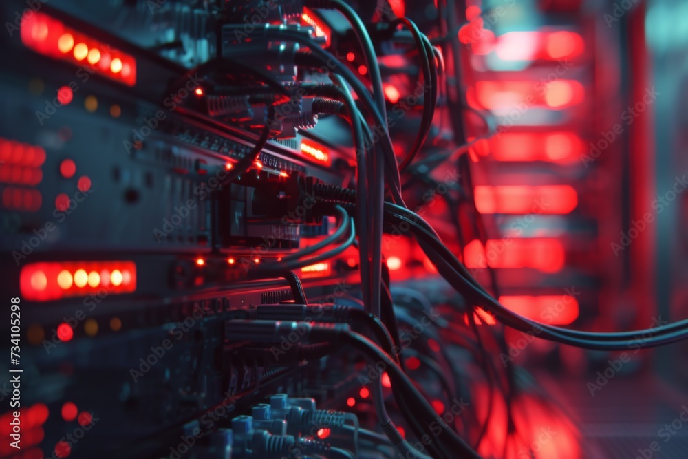 Poster network server hardware with red lights. data security, cybersecurity, internet concept. supercomput