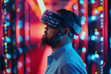 Man using VR headset in futuristic data center room. Data security, cybersecurity, infrastructure, cloud computing concept. Supercomputer, hardware, equipment. Future technology. 