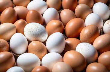 a pile of brown and white eggs with speckled brown eggs in the middle of the image and a white egg in the middle of the middle of the photo