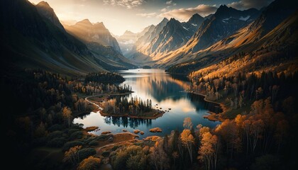 Autumn Serenity: Aerial View of a Secluded Lake Amidst Fall Splendor - AI generated digital art - obrazy, fototapety, plakaty