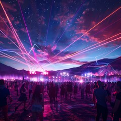 Vibrant Outdoor Music Festival with Laser Light Show at Night