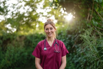 Naklejka na ściany i meble Smiling British Nurse with Stethoscope in Lush Garden Setting