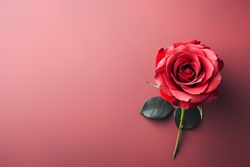 Top view of a vibrant red rose amidst a pastel pink background with ample copy space for text.
