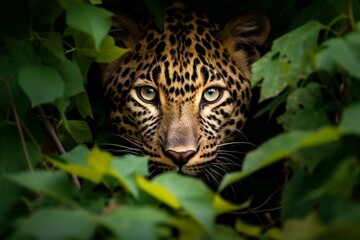 A stealthy amur leopard maneuvering the dense thicket. Generative AI - obrazy, fototapety, plakaty