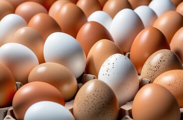 a pile of brown and white eggs with speckled brown eggs in the middle of the image and a white egg in the middle of the middle of the photo