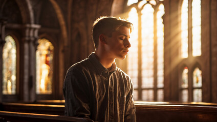 Young man praying in the church. AI generated