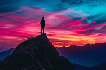 Silhouette of a person on a mountain peak during a vibrant sunset Symbolizing achievement and peace - obrazy, fototapety, plakaty