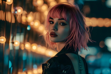 Fototapeta premium Porträt einer hübschen jungen Frau mit rosa gefärbten Haaren: Schönheit und Individualität im Bokeh-Hintergrund