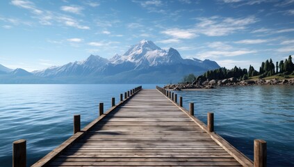Fototapeta premium Wooden pier on the Lake Lucerne, Switzerland. Mountains in the background.