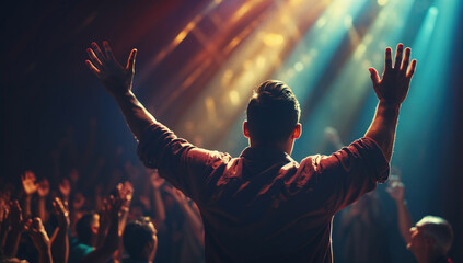 Man raising hands in worship in front of people in the church. AI generated