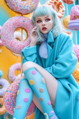 A vibrant cartoon girl donning a blue coat and pink socks gazes fondly at her human-like doll, showcasing a unique blend of fashion and nostalgia