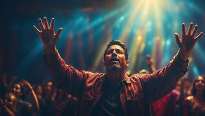 Man raising hands in worship in front of people in the church. AI generated - Powered by Adobe