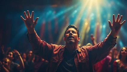 Fotobehang Man raising hands in worship in front of people in the church. AI generated © Mystery