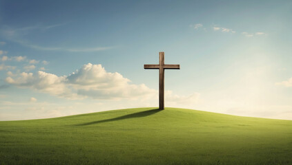 Wooden Cross in the center of green meadow with blue sky above. AI generated