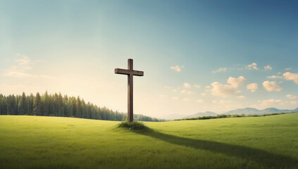 Wooden Cross in the center of green meadow with blue sky above. AI generated