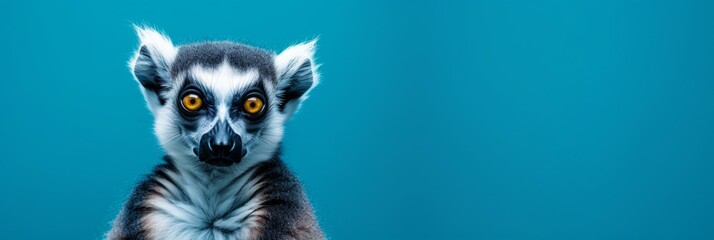 Lemur isolated on blue background. Adorable exotic pet. Funny animal portrait. Design for banner, header, advertising with copy space. Close-up shot