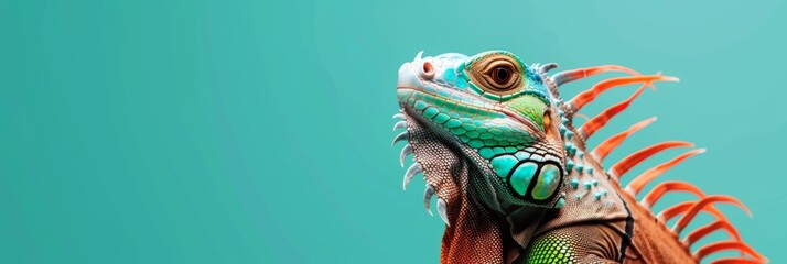 Iguana isolated on mint green background. Adorable exotic pet. Funny animal portrait. Design for...