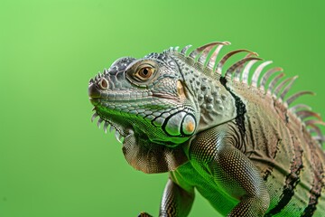 Fototapeta premium Iguana isolated on green background. Adorable exotic pet. Funny animal portrait. Design for banner, poster, advertising 