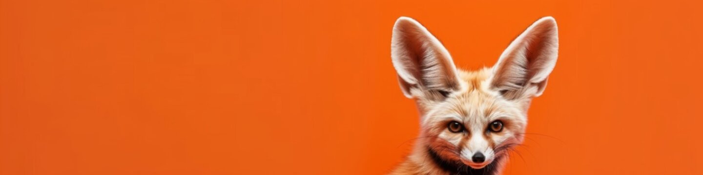 Cute fennec fox isolated on orange background. Adorable exotic pet. Funny animal portrait. Design for banner, header, advertising with copy space
