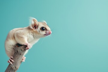 Fototapeta na wymiar Sugar glider on blue background. Adorable exotic pet. Wild animal, wildlife concept. Design for banner, poster, advertising with copy space