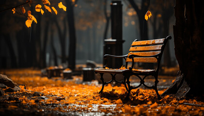 Autumn flame ignites nature beauty on old wooden bench generated by AI