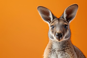 Kangaroo on orange background. Adorable exotic pet. Wild animal, wildlife concept. Design for banner, poster, advertising with copy space