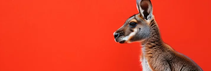 Schilderijen op glas Cute kangaroo on red background. Adorable exotic pet. Wild animal, wildlife concept. Design for banner, header, advertising with copy space © dreamdes