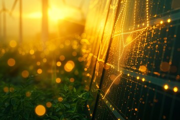 Obraz premium Solar panel grid beside wind turbines at sunrise, sparkling droplets on leaves, synergy of nature and green tech. Dawn's first light on solar farm, windmills stand tall, dew-laden plants glisten,