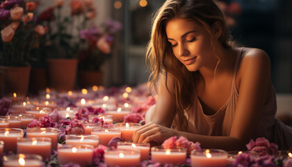 Young woman enjoying the cozy candlelit atmosphere at home generated by AI