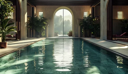 Foto op Canvas A lush oasis nestled inside a grand building, the indoor swimming pool surrounded by vibrant plants invites visitors to indulge in the tranquil thermae of a luxurious spa town © Radomir Jovanovic