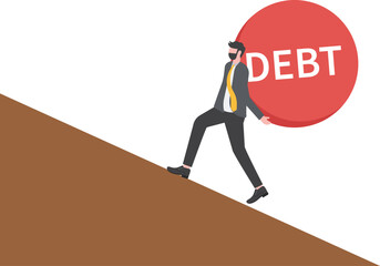 Difficult burden and debt pressure. businessman carrying debt burden uphill

