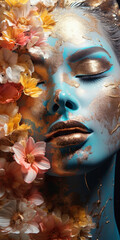 Vertical view of a female portrait with closed eyes and gold and blue makeup. A young woman presses herself against a flower wall. Shimmery face paint with shiny grainy shade background.