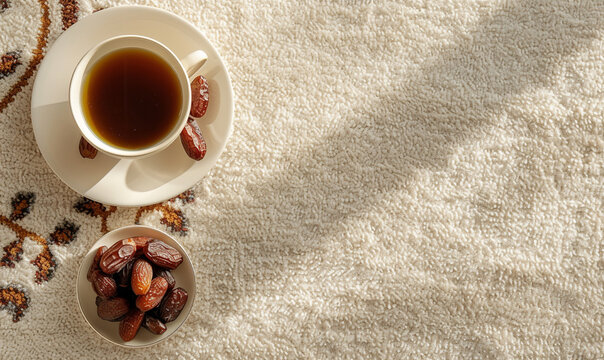 a cup of tea and dates fruits on a plate on a carpet in top view. free space for text background.