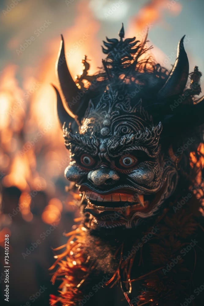 Poster A close-up view of a mask with a mesmerizing fire in the background. This image can be used to create an intense and captivating atmosphere in various projects