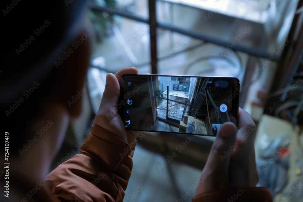 Poster A person captured in the act of taking a picture using a cell phone. This image can be used to depict modern technology and social media usage