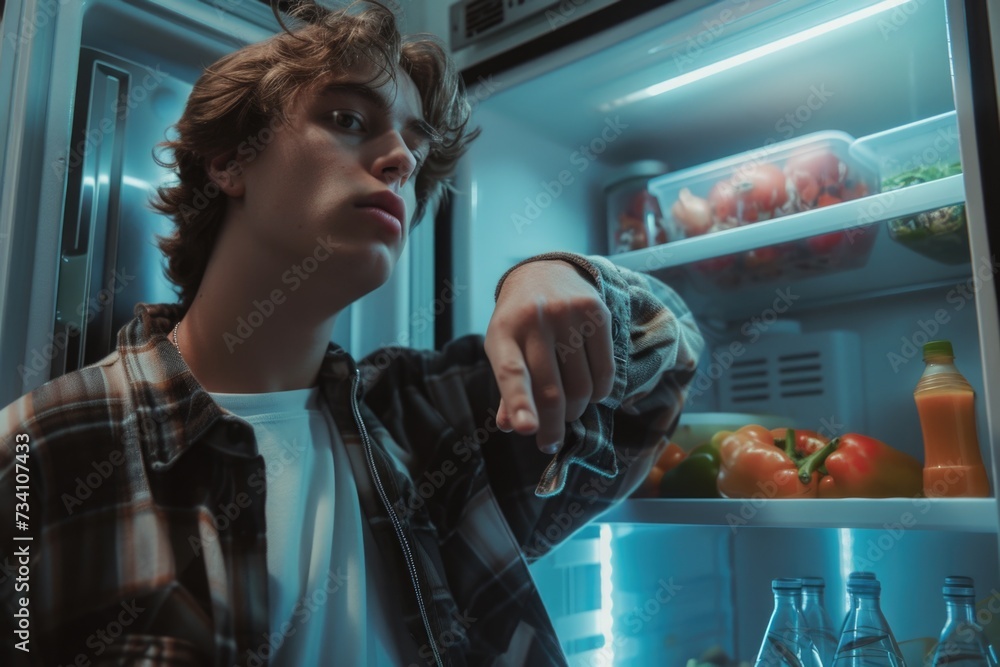 Poster a young man pointing at something in a refrigerator. suitable for use in articles or advertisements 